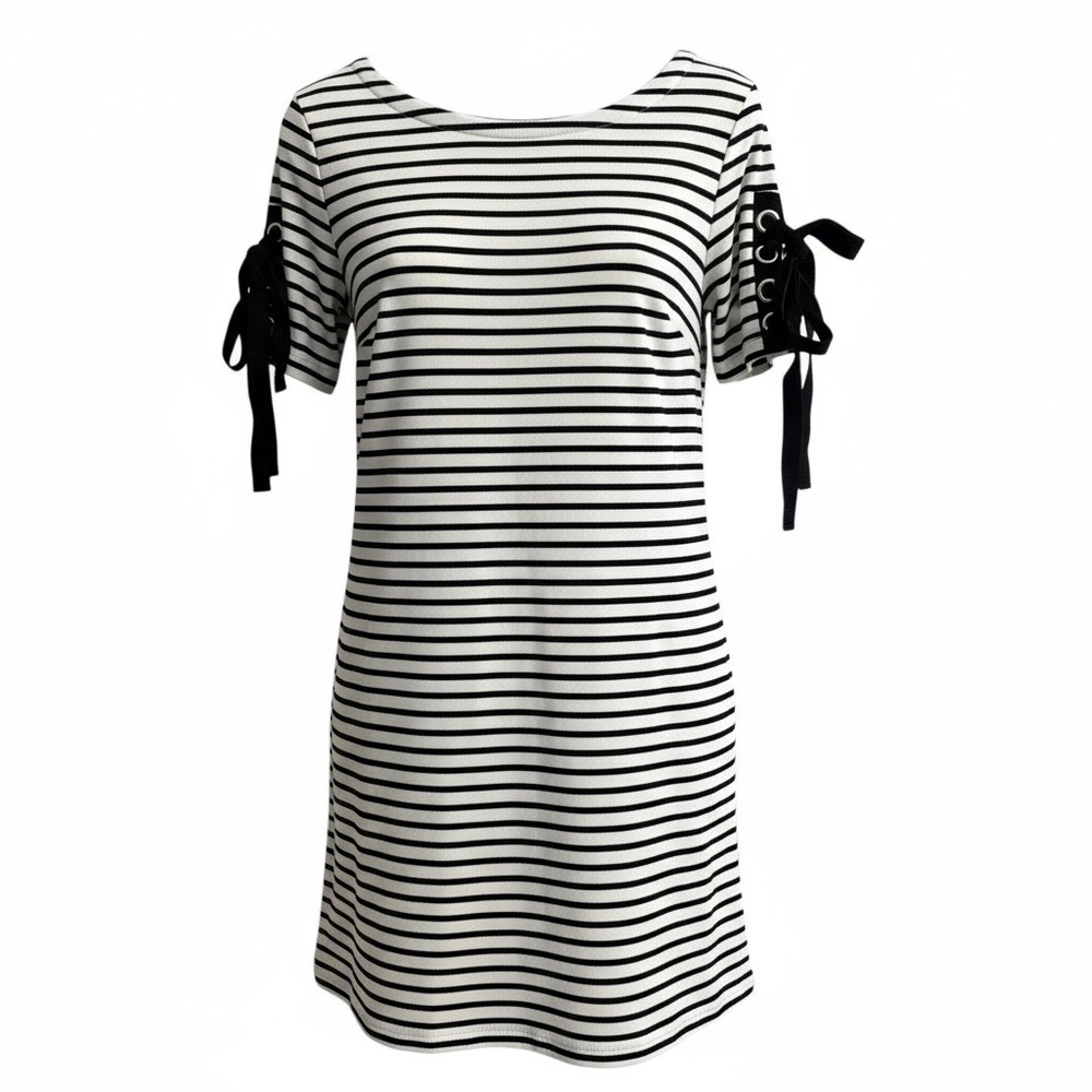 Anthropologie Maeve Ribbons and Stripes Mini Shirt Dress Black/White SP‎